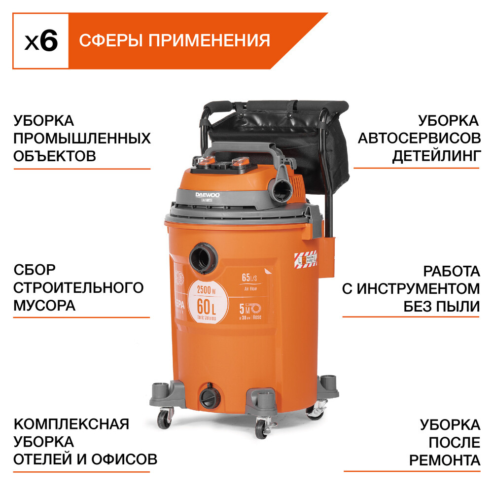 Строительный пылесос Daewoo DAVC 6025S 2500 Вт 60 л — изображение 17